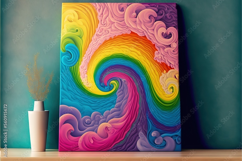 Poster a painting of a rainbow swirl on a wall next to a vase with a plant in it and a vase on the side of 