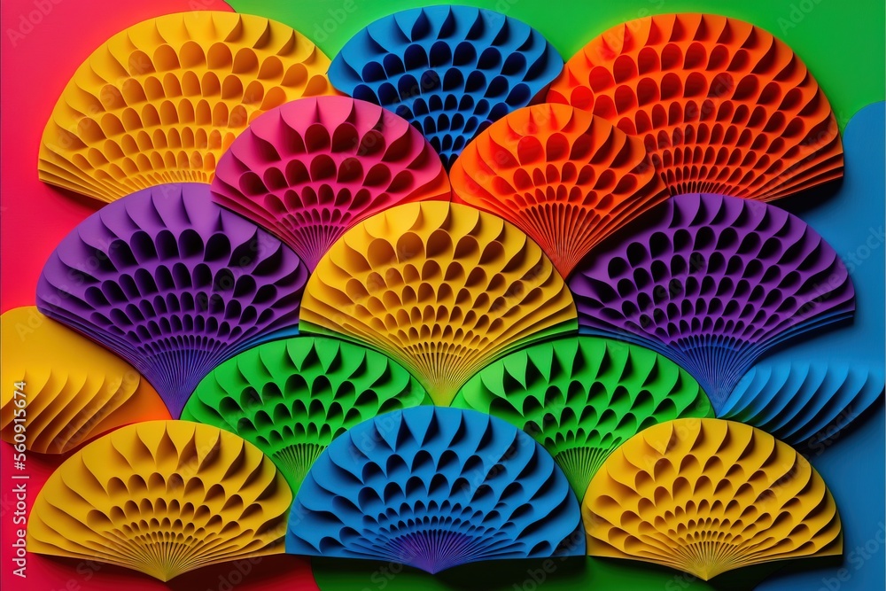 Poster a colorful background with many different colored paper fans on it's sides and a square of smaller f