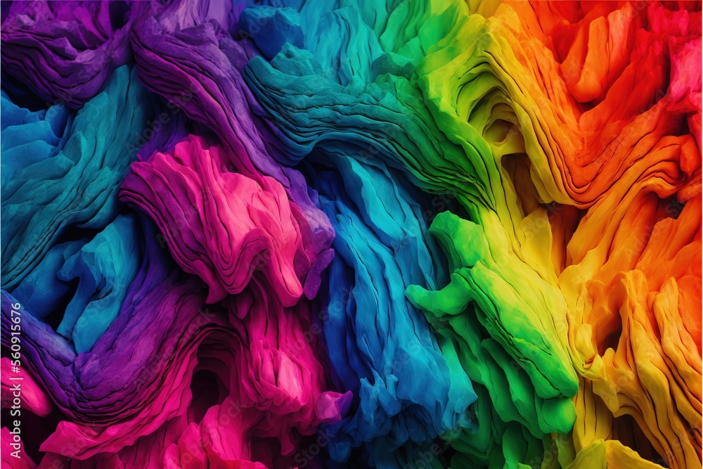 Poster a rainbow colored background of fabric with a white border in the middle of the image and a black bo