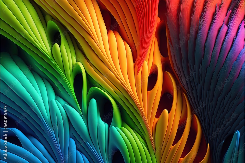 Poster a colorful background with a variety of colors of different shapes and sizes of feathers, with a bla