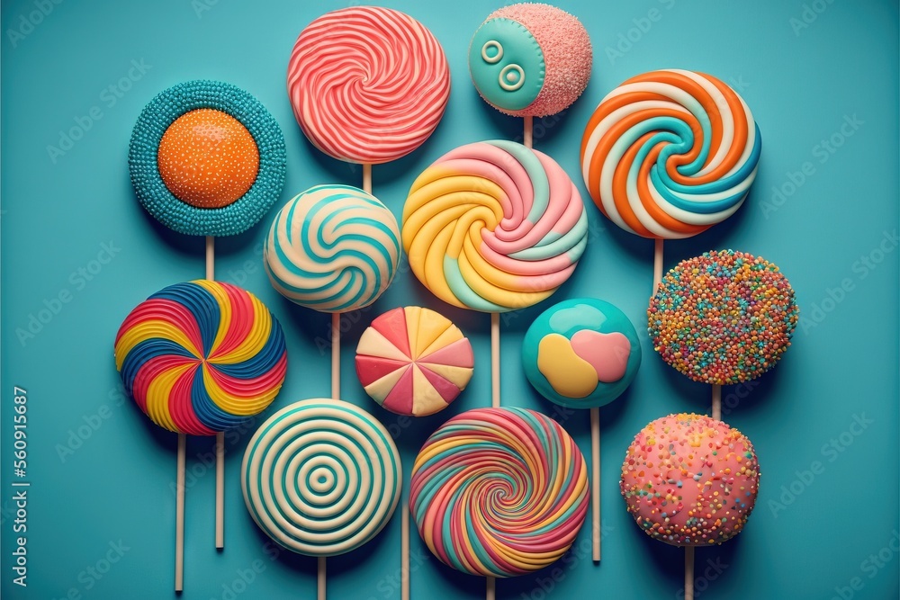 Poster a group of lollipops on a blue background with a heart on top of them and a heart on the top of the 