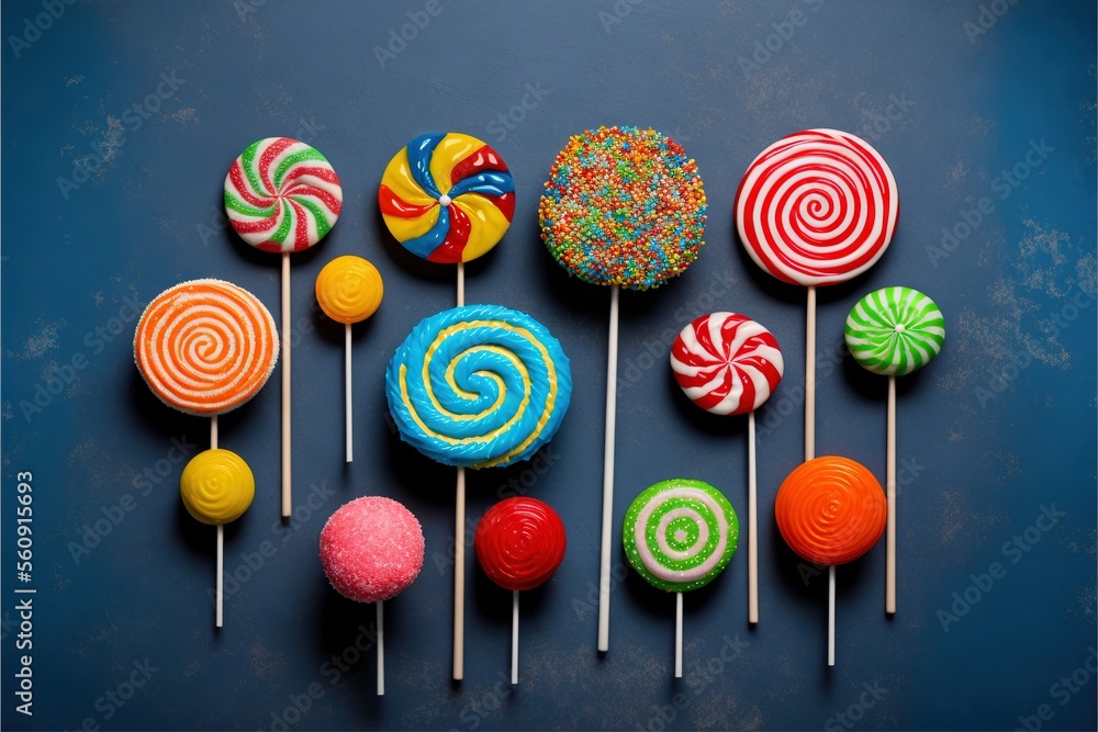 Aufkleber a group of lollipops on a blue surface with a blue background and a blue background with a blue bord