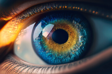 close up of a blue and yellow eye, human eye macro photography
