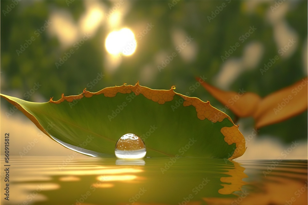 Poster a leaf with a drop of water on it in the water with a sun in the background and a tree in the backgr