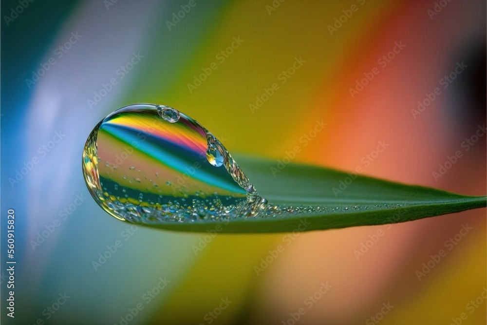 Aufkleber a drop of water on a green leaf with a rainbow background in the background of the image is a close 