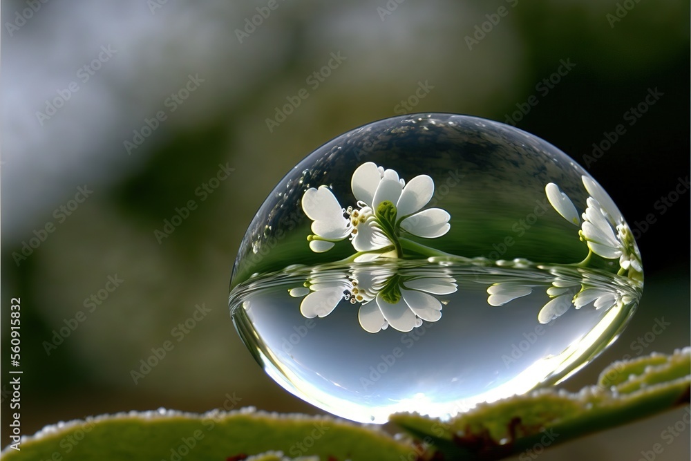 Poster a drop of water with a flower inside of it and a green leaf in the background with a blurry backgrou