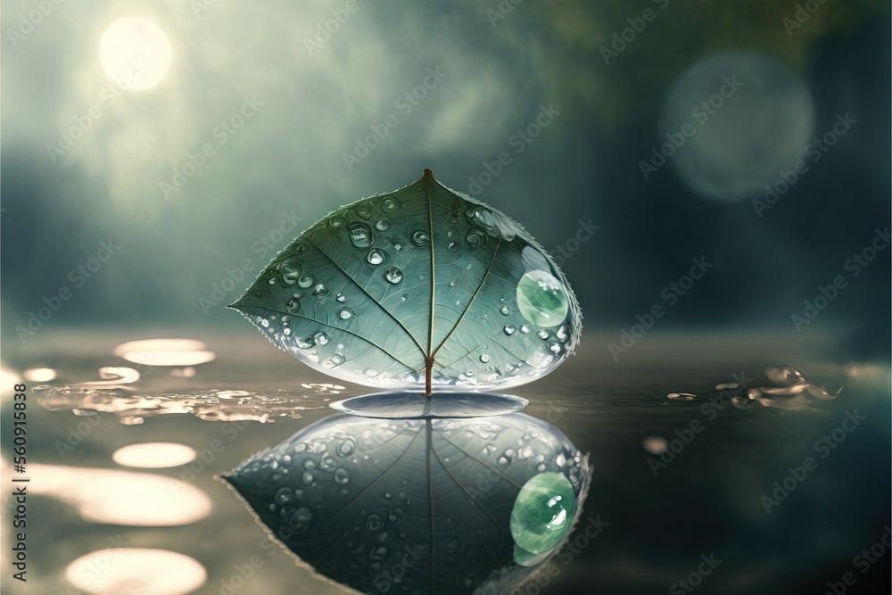 Poster a leaf is sitting on a surface with water droplets on it and a green background with a light shining