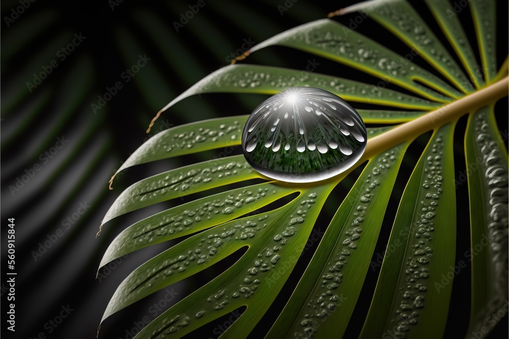Poster a green leaf with water droplets on it's leaves and a black background with a white and yellow strip