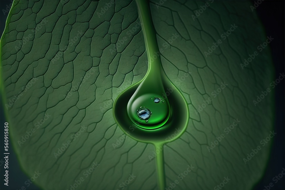 Poster a green leaf with a drop of water on it's side, with a black background and a black background with 