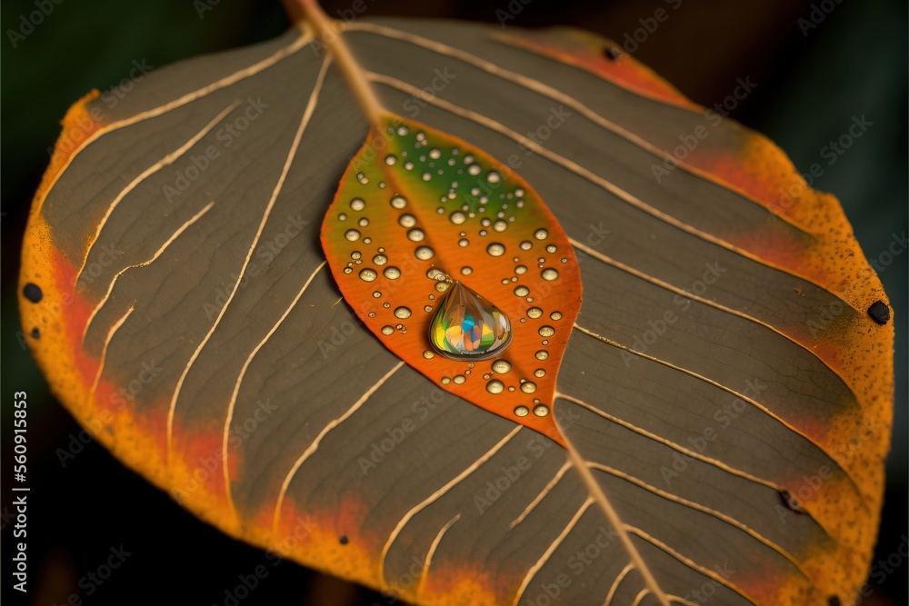 Poster a leaf with water drops on it with a green and yellow leaf in the background with a brown and orange
