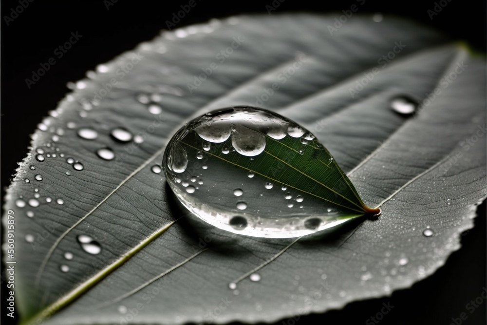 Poster a leaf with water droplets on it and a green leaf with a leaf on it's side, with a black background 
