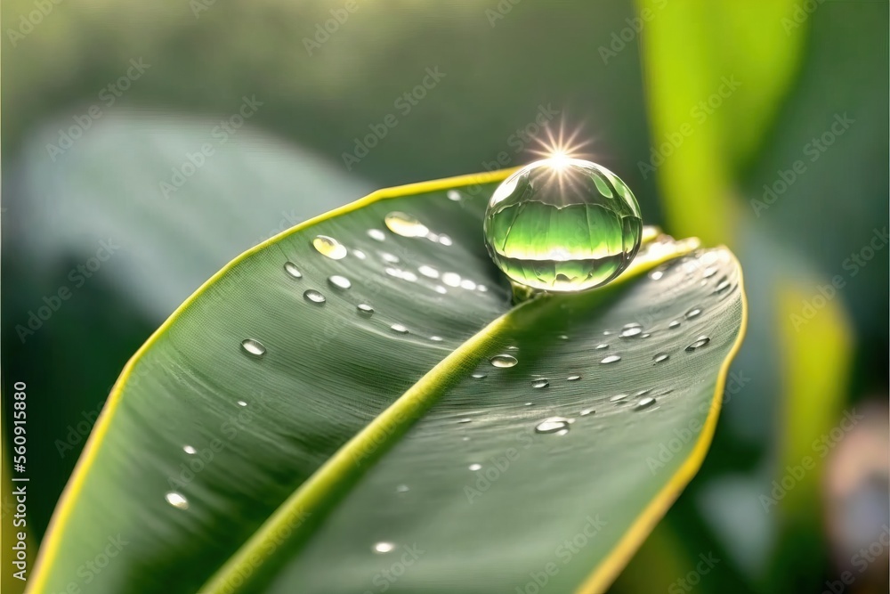 Poster a green leaf with a water drop on it's surface and a green background with a light shining on it and