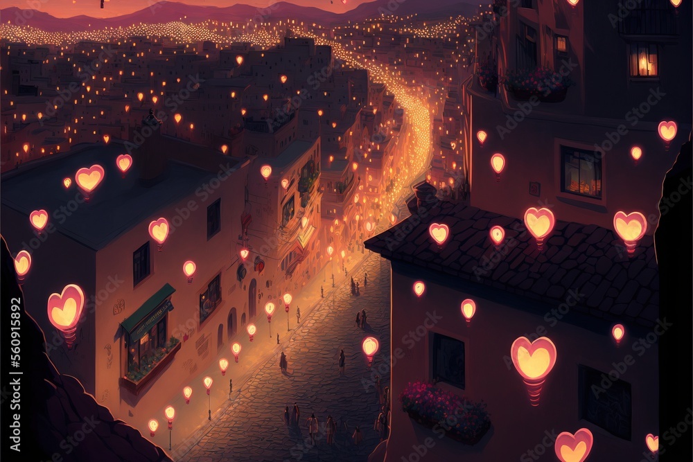 Poster a city street with lots of lanterns floating in the air above it and a street lined with buildings a