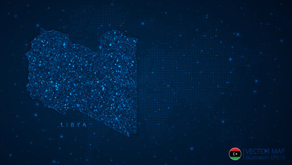 Fototapeta na wymiar Map of Libya modern design with polygonal shapes on dark blue background. Business wireframe mesh spheres from flying debris. Blue structure style vector illustration concept