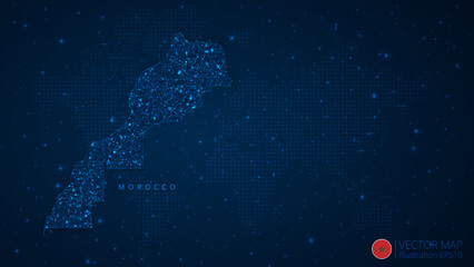 Fototapeta na wymiar Map of Morocco modern design with polygonal shapes on dark blue background. Business wireframe mesh spheres from flying debris. Blue structure style vector illustration concept