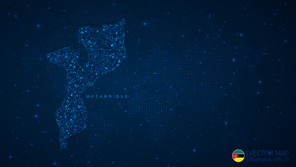 Fototapeta na wymiar Map of Mozambique modern design with polygonal shapes on dark blue background. Business wireframe mesh spheres from flying debris. Blue structure style vector illustration concept