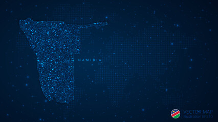 Fototapeta na wymiar Map of Namibia modern design with polygonal shapes on dark blue background. Business wireframe mesh spheres from flying debris. Blue structure style vector illustration concept