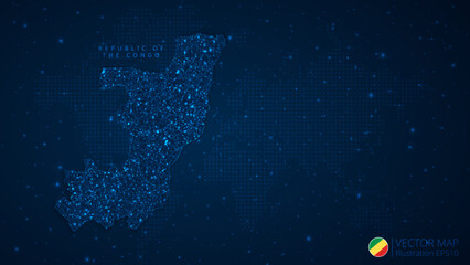Fototapeta na wymiar Map of Republic of the Congo modern design with polygonal shapes on dark blue background. Business wireframe mesh spheres from flying debris. Blue structure style vector illustration concept