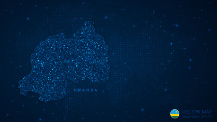 Fototapeta na wymiar Map of Rwanda modern design with polygonal shapes on dark blue background. Business wireframe mesh spheres from flying debris. Blue structure style vector illustration concept