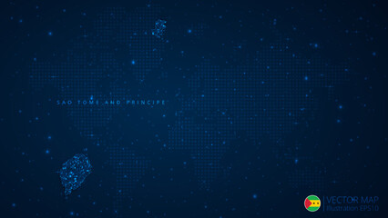 Fototapeta na wymiar Map of Sao Tome and Principe modern design with polygonal shapes on dark blue background. Business wireframe mesh spheres from flying debris. Blue structure style vector illustration concept