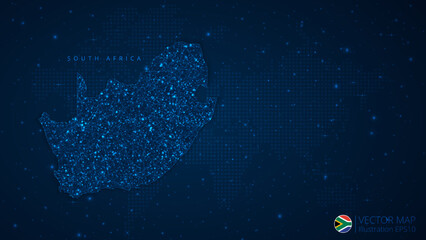 Fototapeta na wymiar Map of South Africa modern design with polygonal shapes on dark blue background. Business wireframe mesh spheres from flying debris. Blue structure style vector illustration concept
