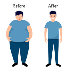 Man body before and after weight loss in flat design on white background. - obrazy, fototapety, plakaty