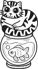 Hand Drawn striped cat on Fish Bowl illustration in doodle style