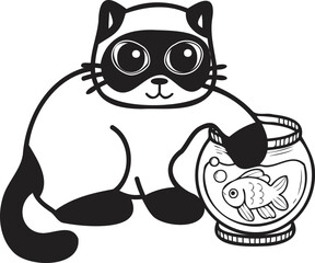 Hand Drawn cat playing with fish illustration in doodle style