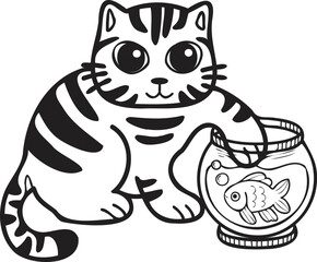Fototapeta na wymiar Hand Drawn striped cat playing with fish illustration in doodle style