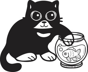 Hand Drawn cat playing with fish illustration in doodle style