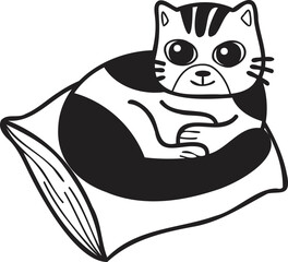 Hand Drawn striped cat sleeping on pillow illustration in doodle style