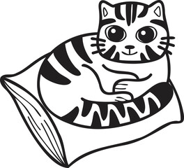 Hand Drawn striped cat sleeping on pillow illustration in doodle style