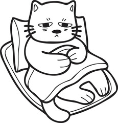 Hand Drawn sick cat sleeping on pillow illustration in doodle style