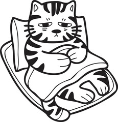 Hand Drawn sick striped cat sleeping on pillow illustration in doodle style