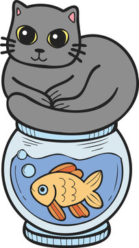 Hand Drawn cat on Fish Bowl illustration in doodle style