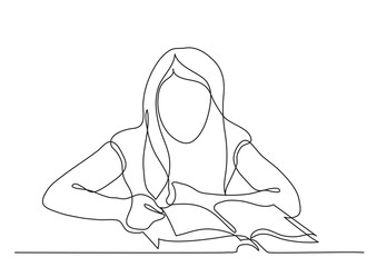 continuous line drawing girl reading book - PNG image with transparent background