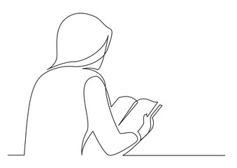 continuous line drawing long hair young woman reading book - PNG image with transparent background