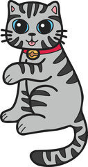 Hand Drawn Maneki Neko or lucky striped cat illustration in doodle style