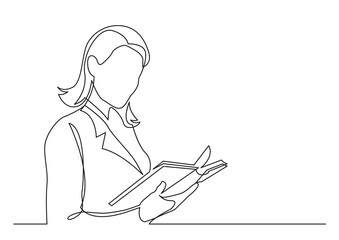 continuous line drawing standing business woman reading book - PNG image with transparent background