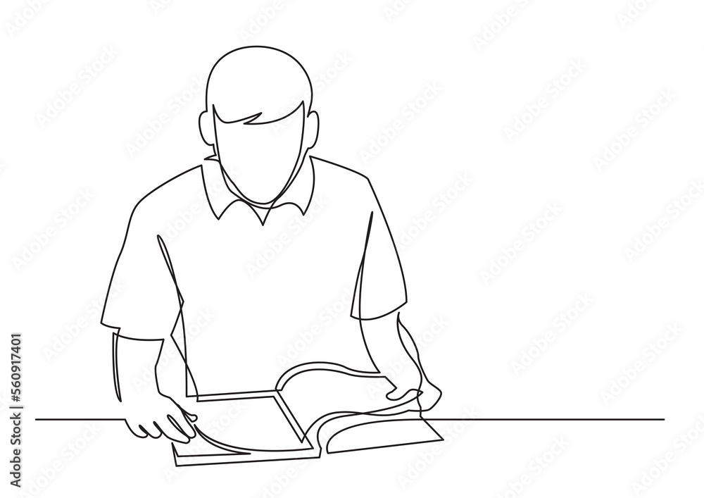Poster continuous line drawing young man reading book - png image with transparent background