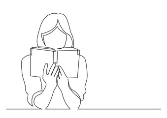 continuous line drawing young woman focused reading book - PNG image with transparent background