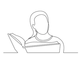 continuous line drawing young woman studying reading book - PNG image with transparent background