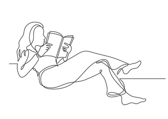 continuous line drawing younglying  woman reading book - PNG image with transparent background