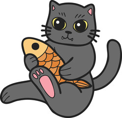 Hand Drawn cat eating fish illustration in doodle style