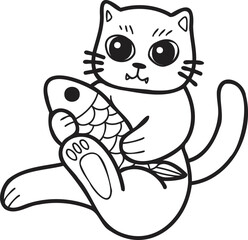 Hand Drawn cat eating fish illustration in doodle style