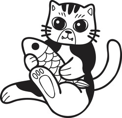 Hand Drawn striped cat eating fish illustration in doodle style