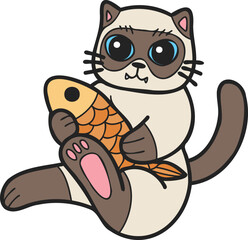Hand Drawn cat eating fish illustration in doodle style