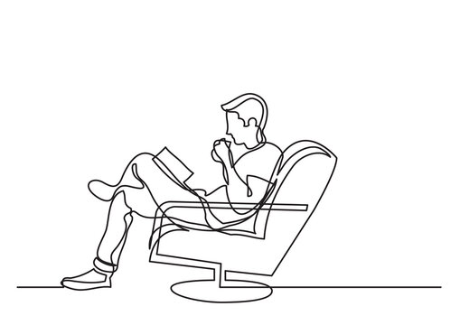 One Line Drawing Man Sitting In Arm Chair Reading - PNG Image With Transparent Background