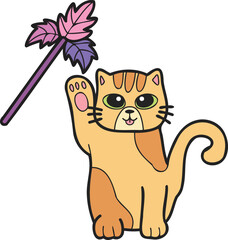 Hand Drawn striped cat playing with toys illustration in doodle style