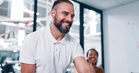 Business man, shaking hands and clapping in meeting success, promotion celebration or thank you. Corporate partnership, hiring team handshake and b2b onboarding, congratulations or career welcome